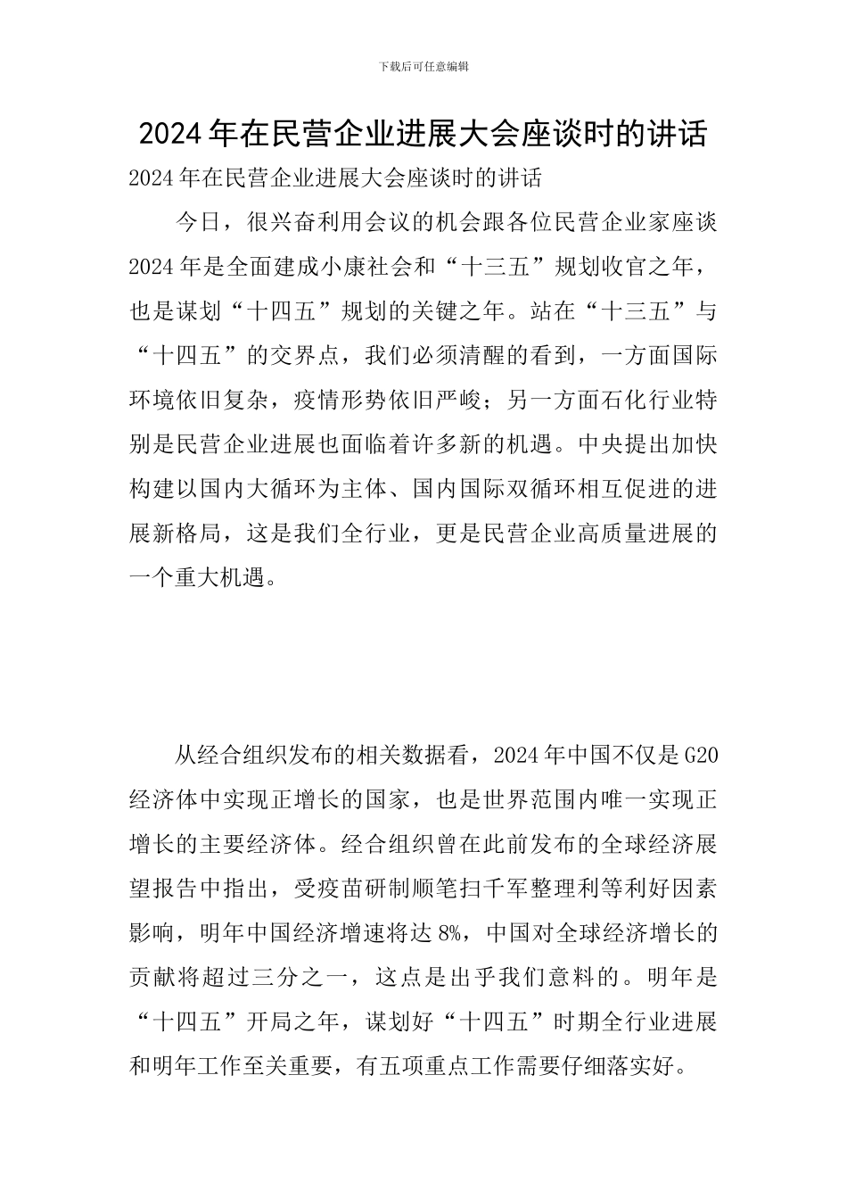 2024年在民营企业发展大会座谈时的讲话_第1页