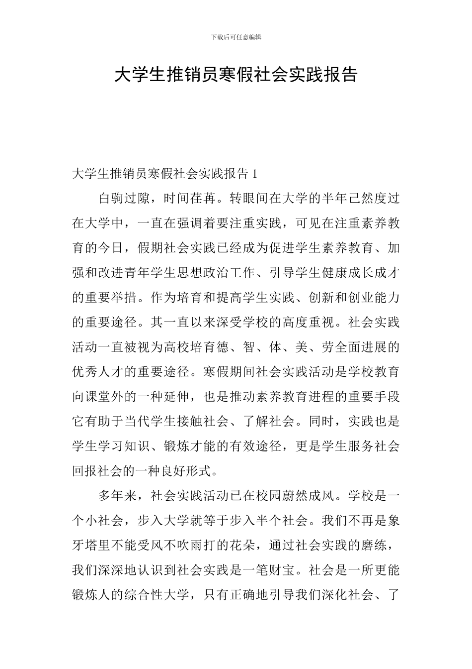 大学生推销员寒假社会实践报告_第1页