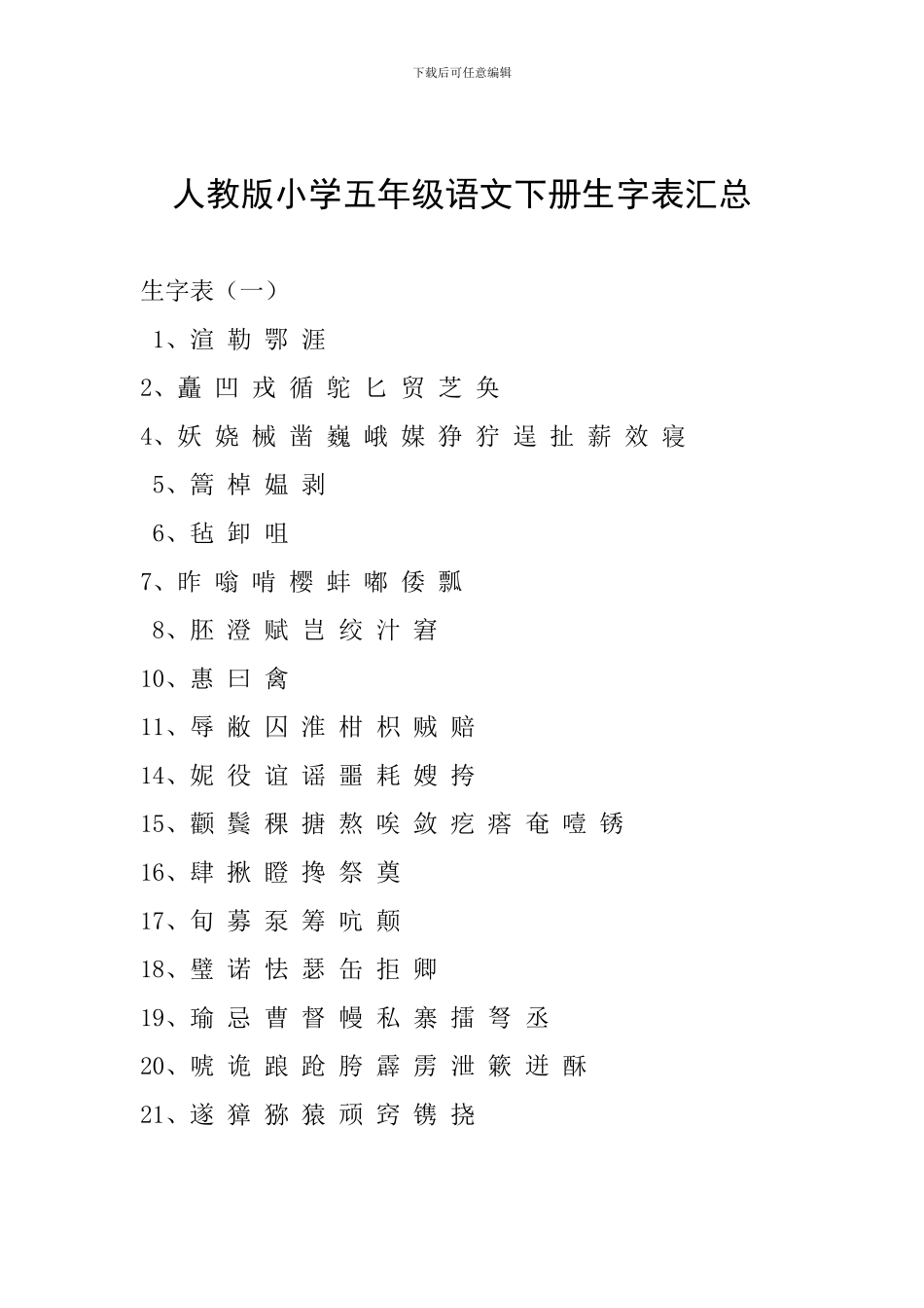 人教版小学五年级语文下册生字表汇总_第1页