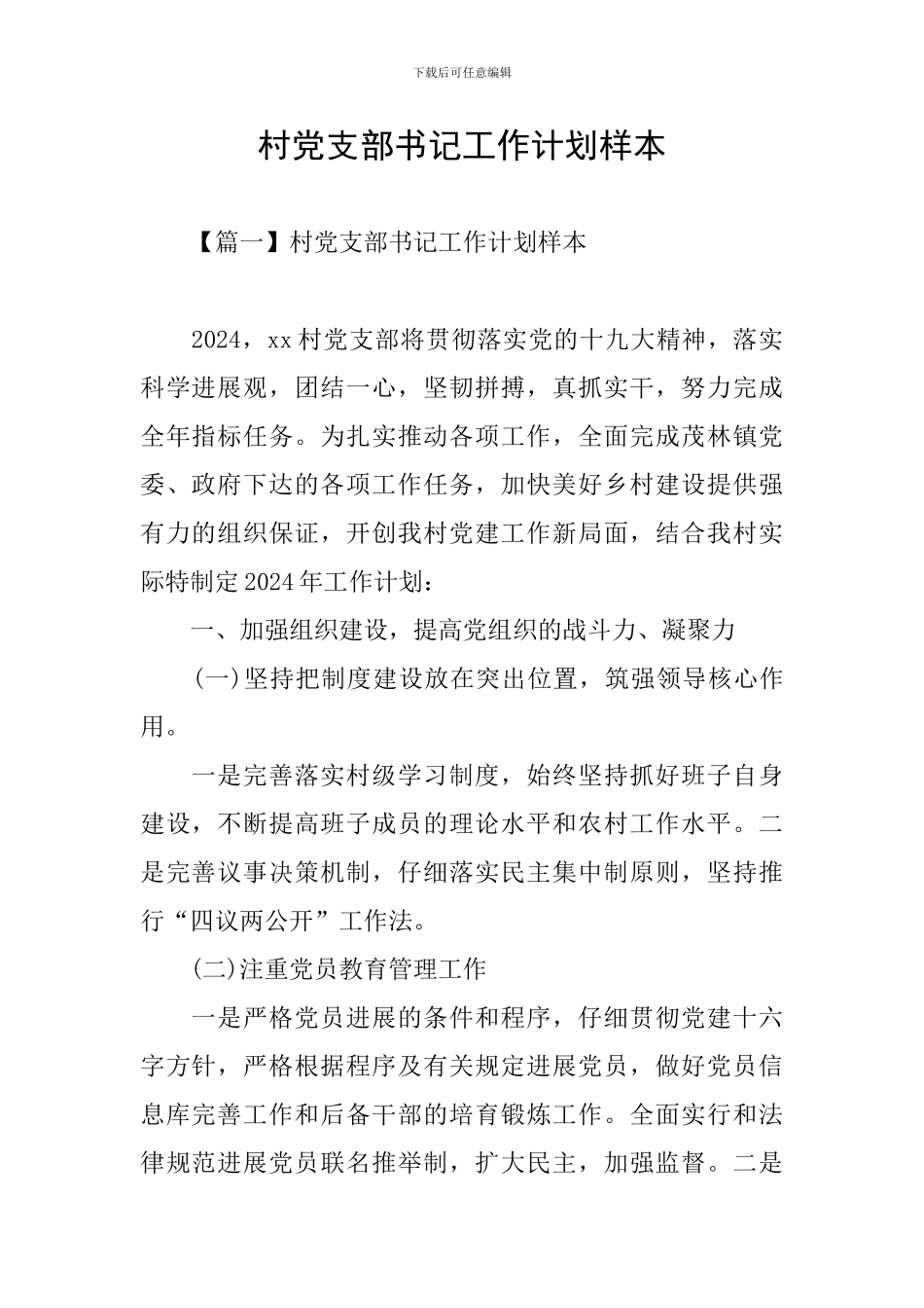 村党支部书记工作计划样本_第1页