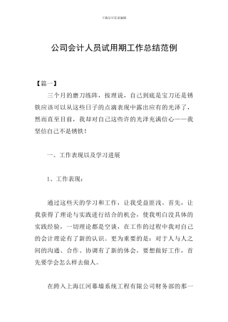 公司会计人员试用期工作总结范例
