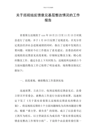 关于巡视组反馈意见基层整改情况的工作报告