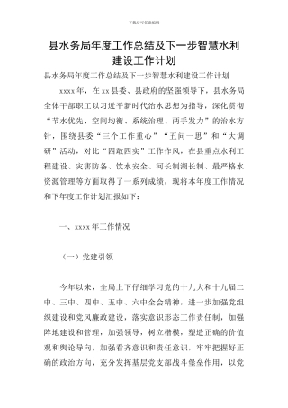 县水务局年度工作总结及下一步智慧水利建设工作计划