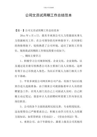 公司文员试用期工作总结范本