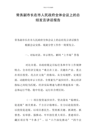 常务副市长在市人民政府全体会议上的总结发言讲话报告