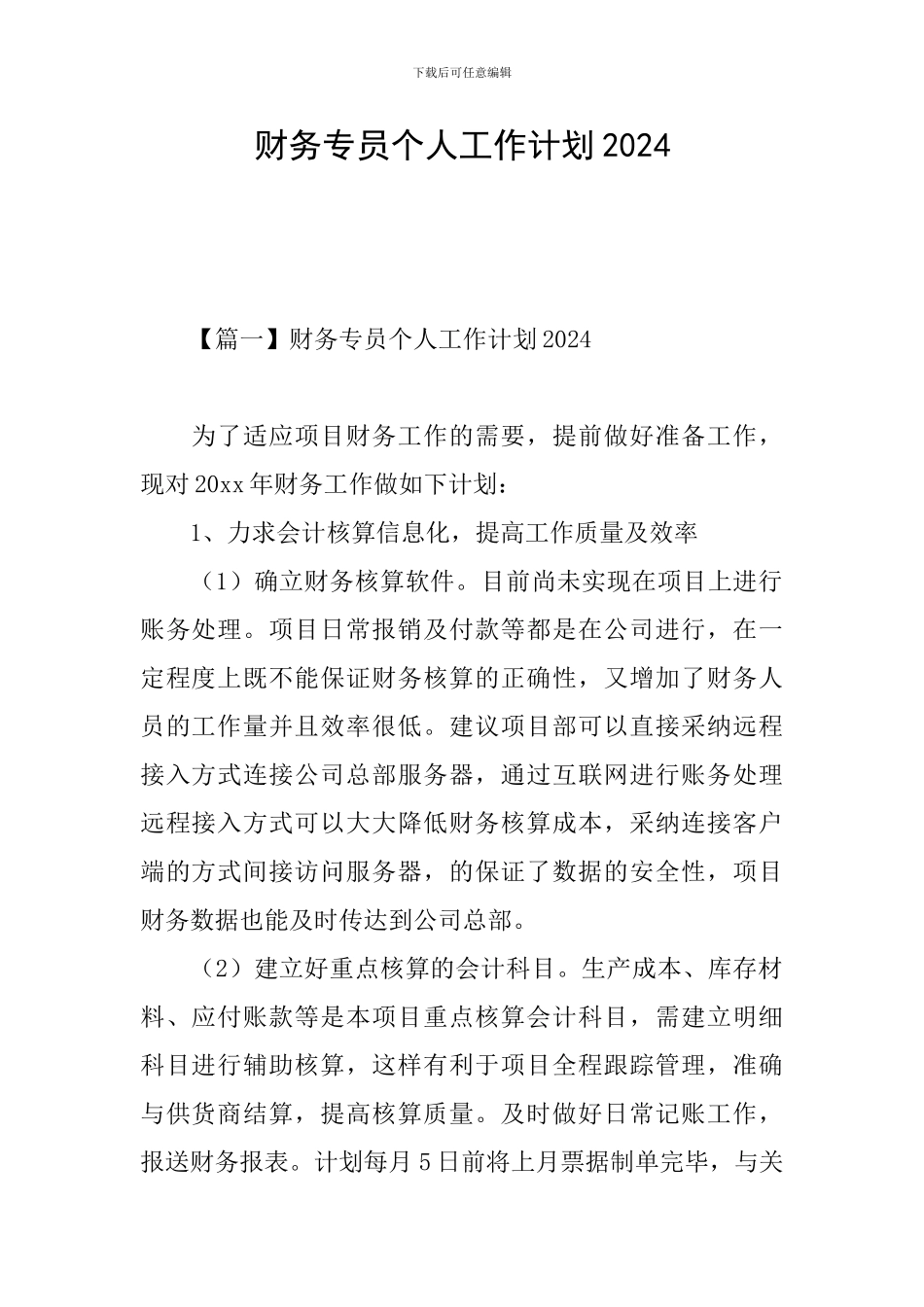 财务专员个人工作计划2024_第1页