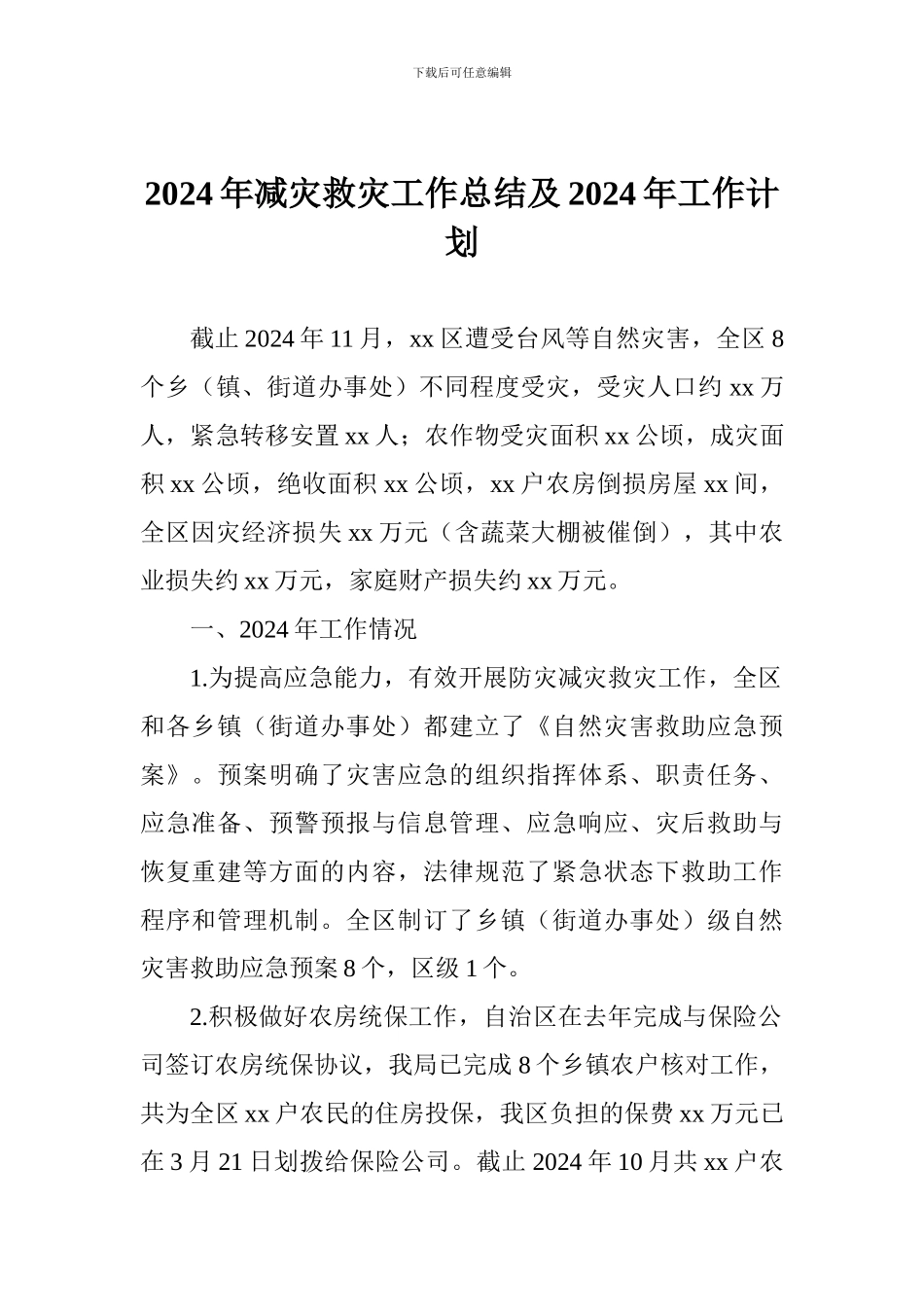2024年减灾救灾工作总结及2024年工作计划_第1页
