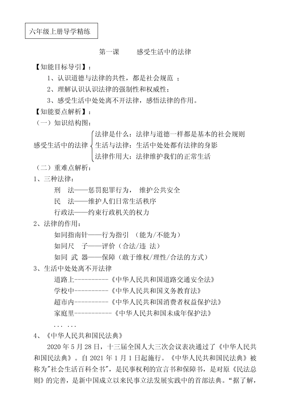 与法治第一课《感受生活中的法律》导学精练试题(含答案) _第1页
