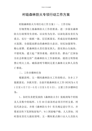 村级森林防火专项行动工作方案