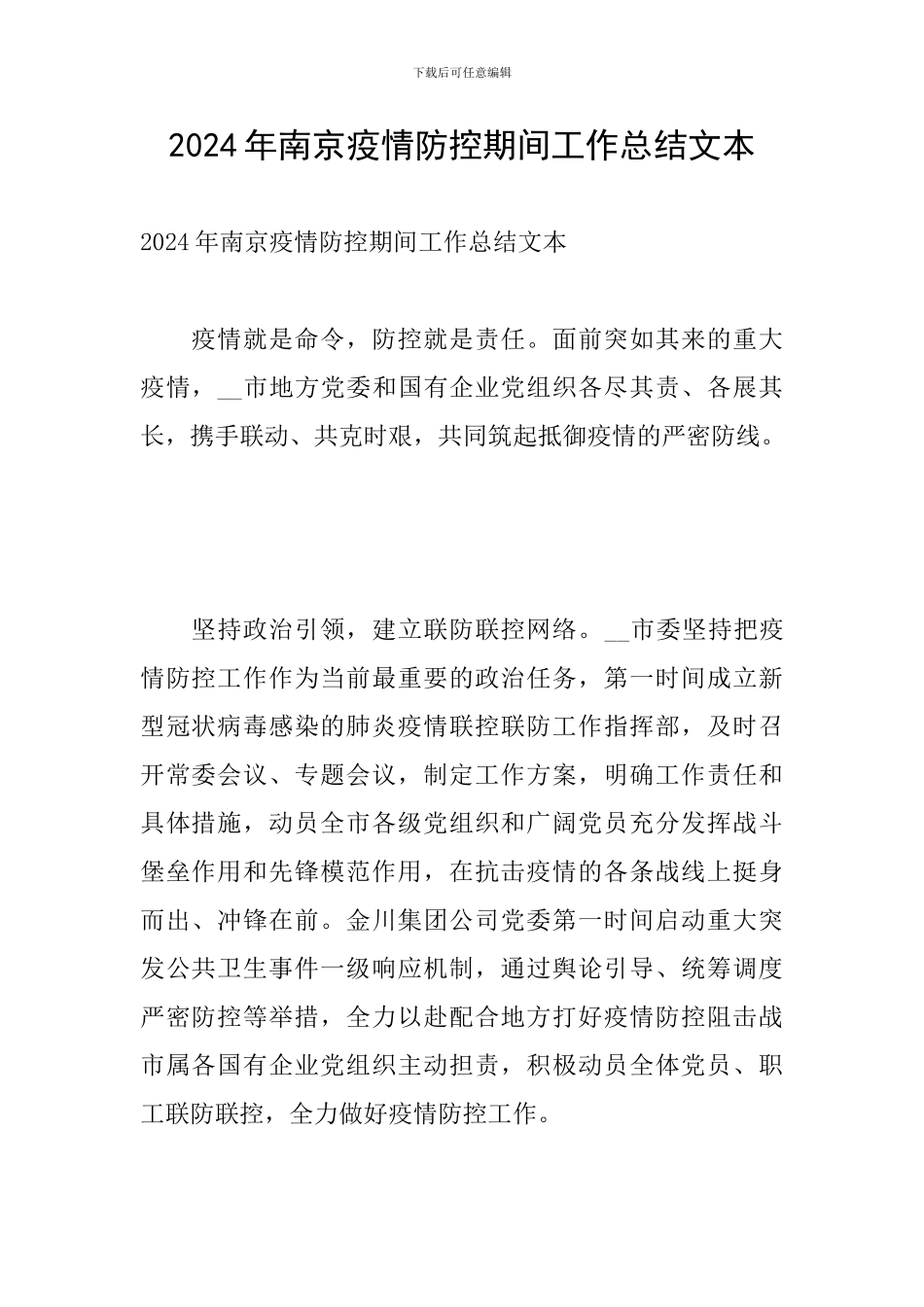2024年南京疫情防控期间工作总结文本_第1页
