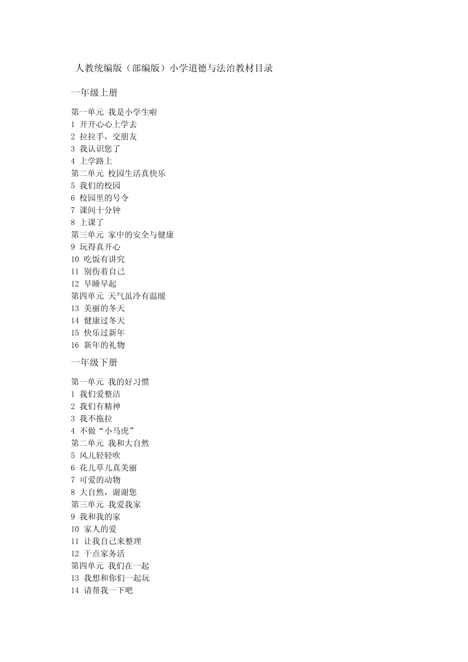 人教统编版(部编版)小学道德与法治教材目录 _第1页