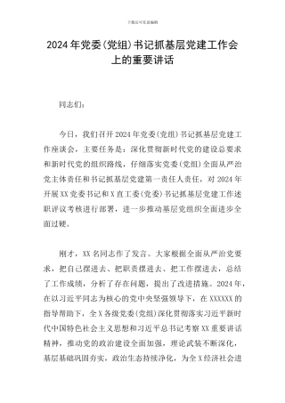 2024年党委书记抓基层党建工作会上的重要讲话