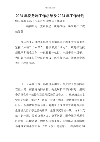 2024年税务局工作总结及2024年工作计划