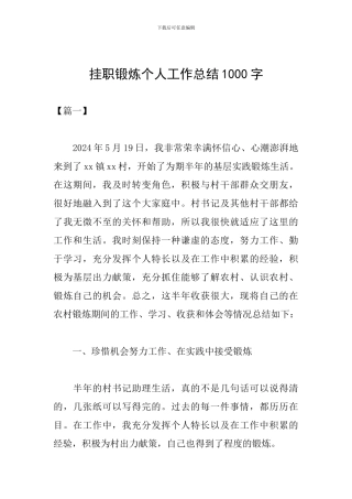 挂职锻炼个人工作总结1000字