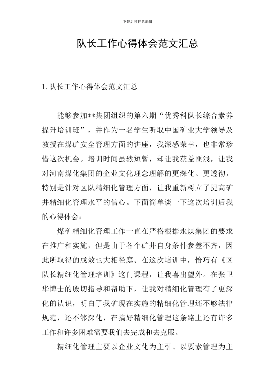 队长工作心得体会范文汇总_第1页