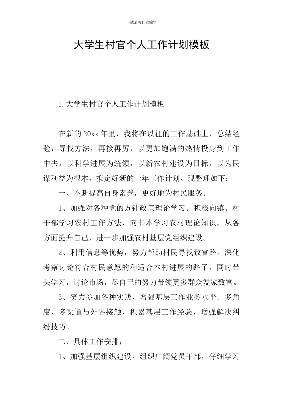 大学生村官个人工作计划模板_第1页