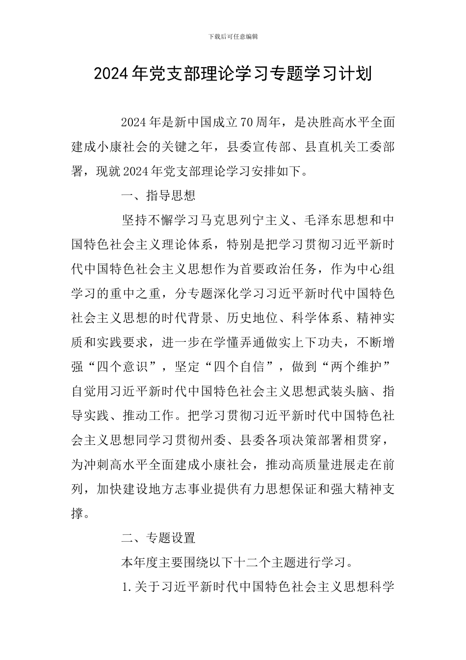 2024年党支部理论学习专题学习计划_第1页