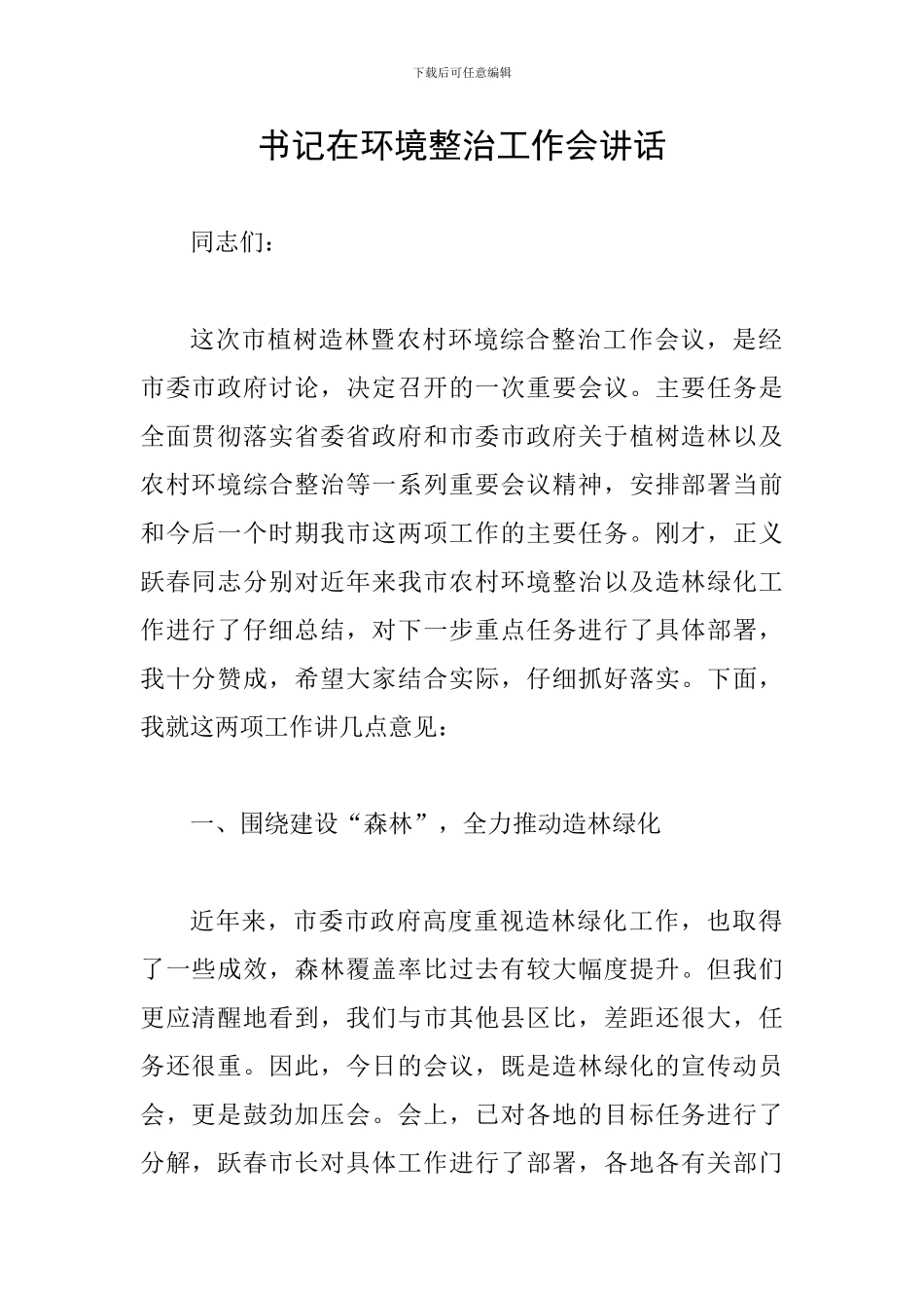 书记在环境整治工作会讲话_第1页