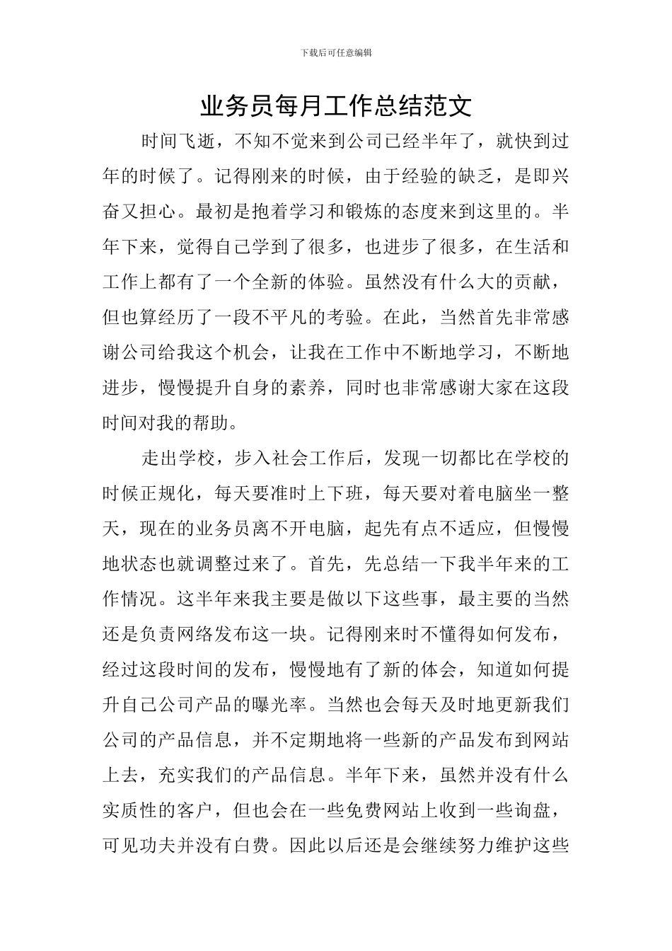 业务员每月工作总结范文_第1页