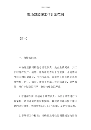 市场部经理工作计划范例