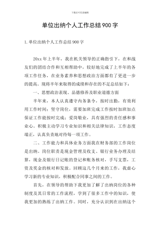 单位出纳个人工作总结900字