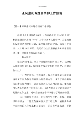 正风肃纪专题会精神工作报告