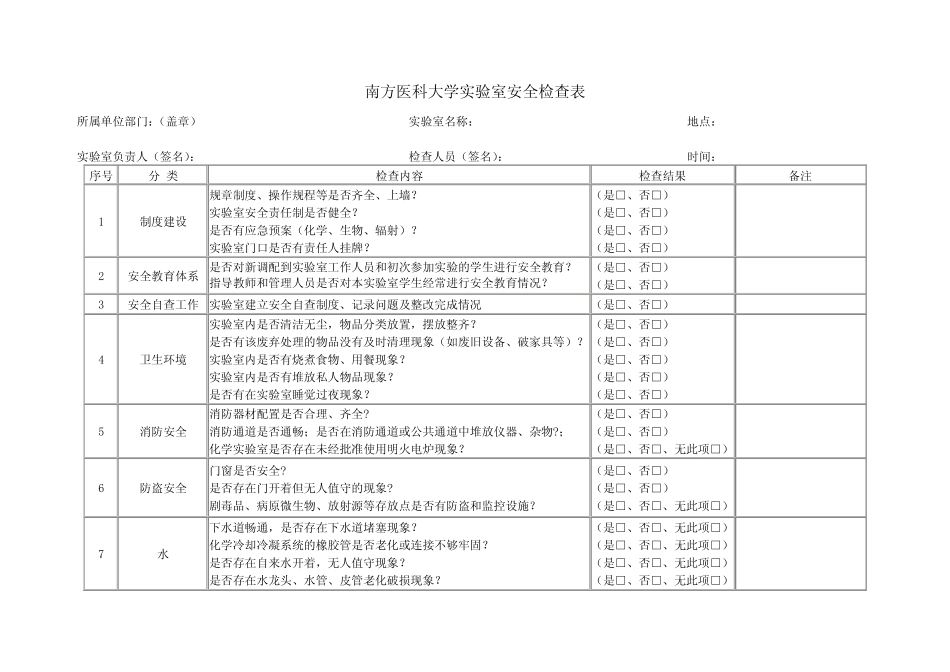 (完整)南方医科大学实验室安全检查表_第1页