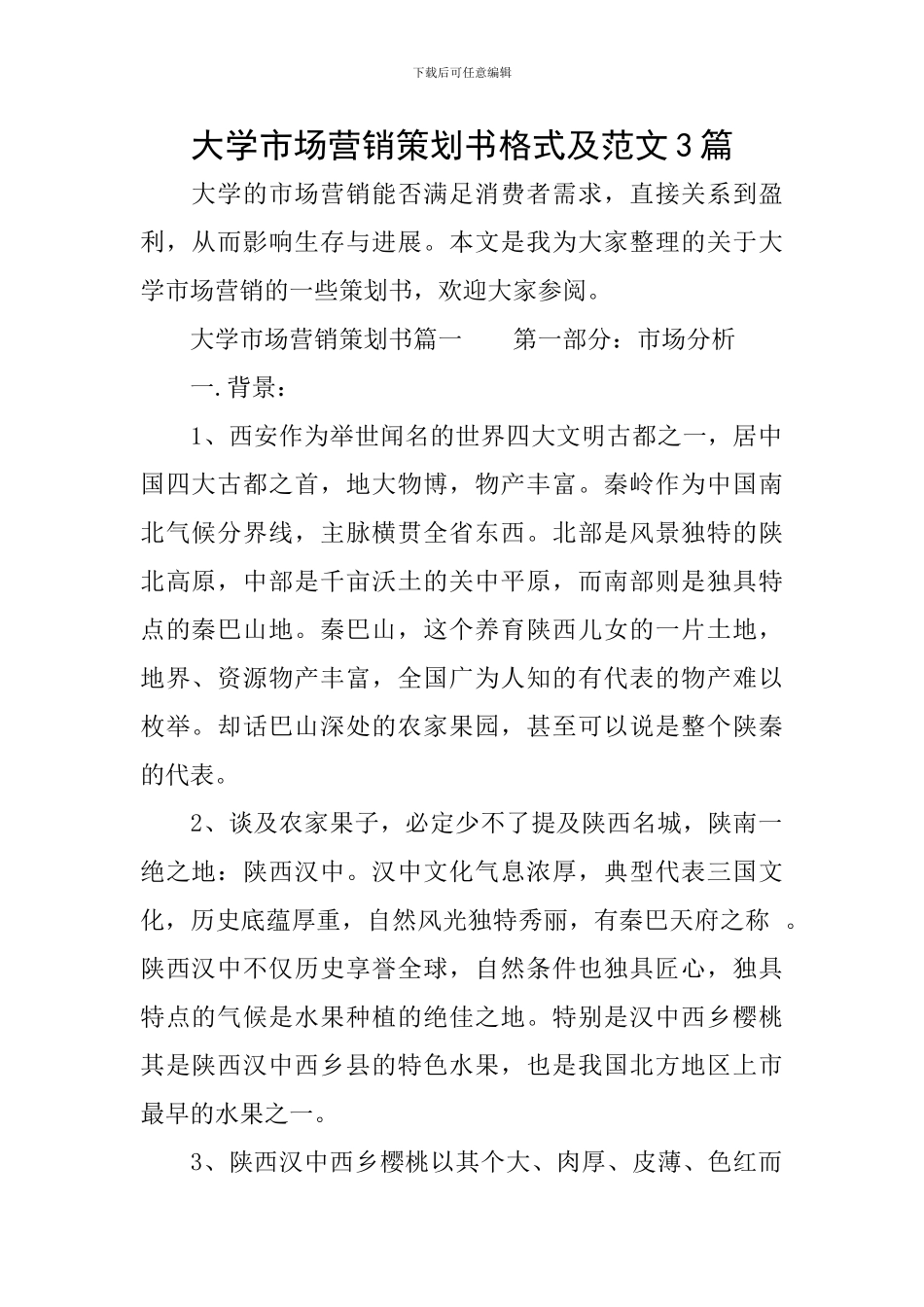 大学市场营销策划书格式及范文3篇_第1页