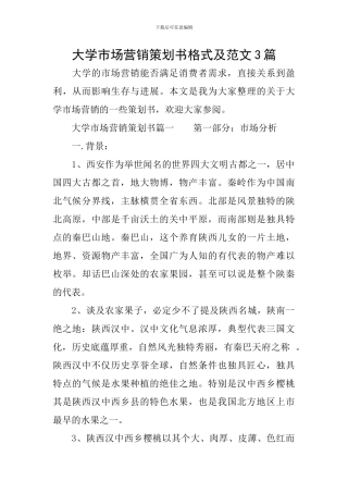 大学市场营销策划书格式及范文3篇