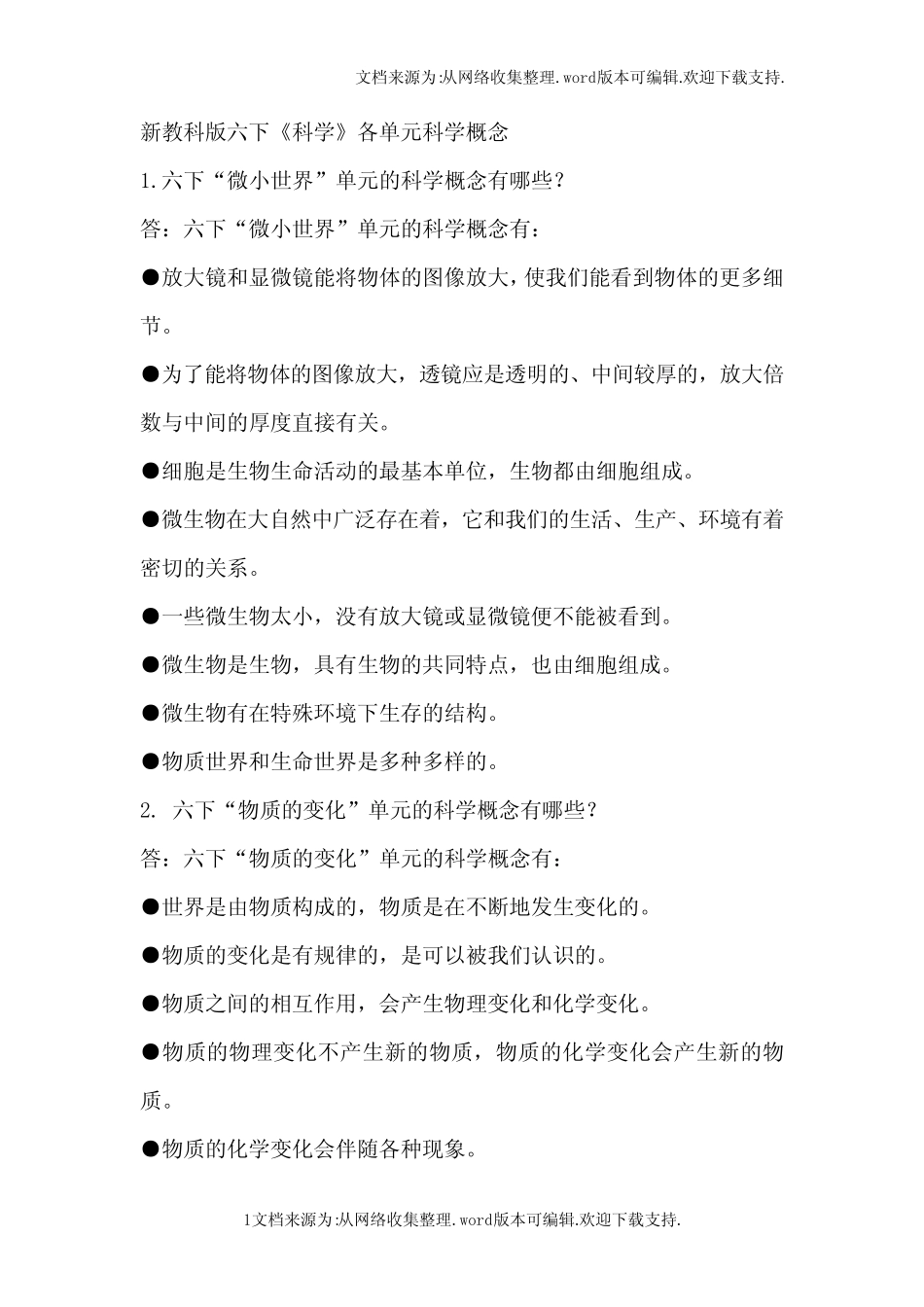 新教科版六年级下册科学各单元科学概念 _第1页
