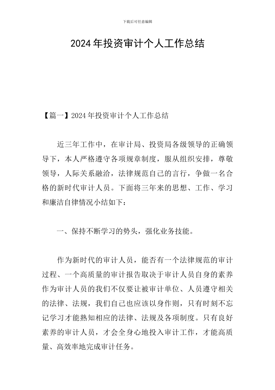2024年投资审计个人工作总结_第1页