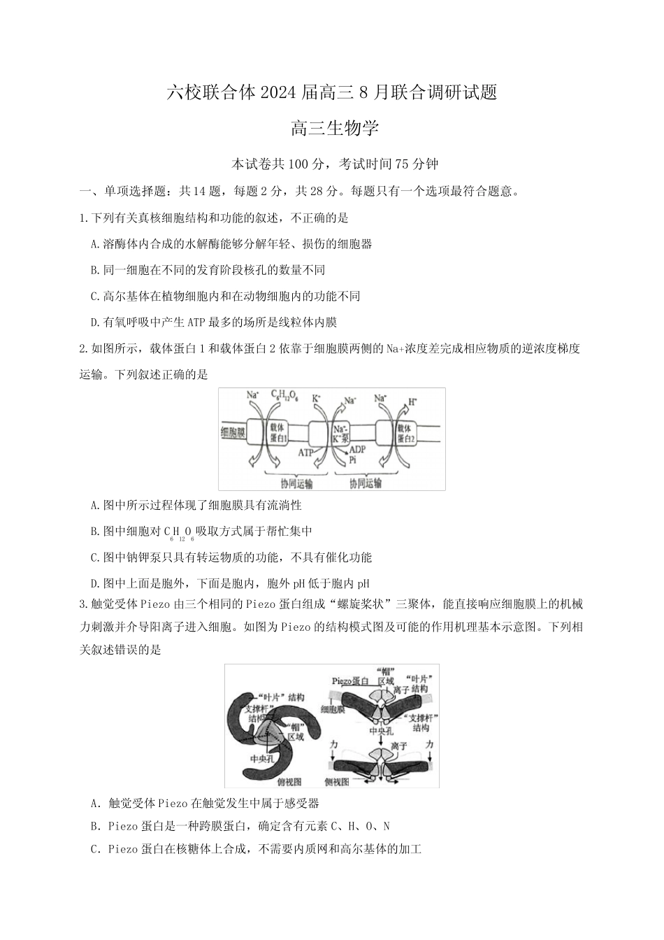 江苏省南京市六校联合体2023-2024学年高三8月联合调研考试+生物+Word_第1页