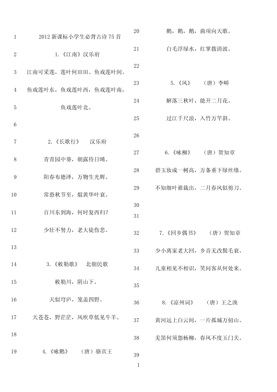 最新小学生必背古诗75首(新课标)---完美打印版 _第1页