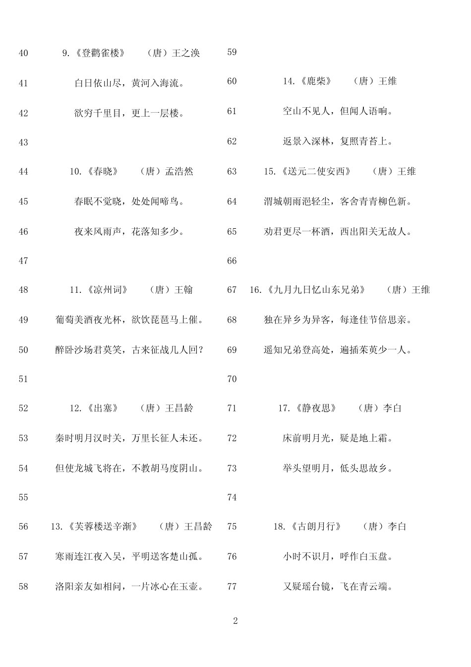 最新小学生必背古诗75首(新课标)---完美打印版 _第2页