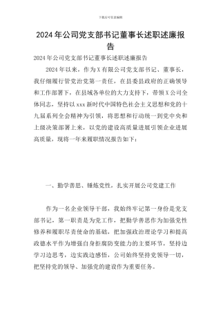 2024年公司党支部书记董事长述职述廉报告