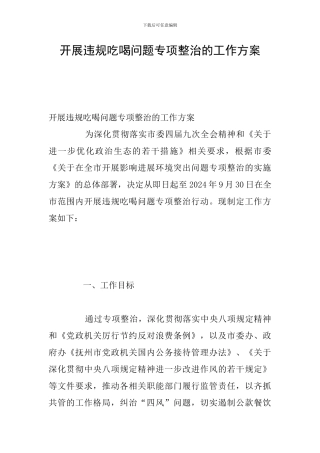 开展违规吃喝问题专项整治的工作方案
