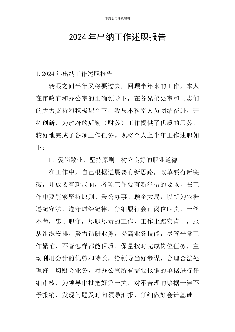 2024年出纳工作述职报告_第1页