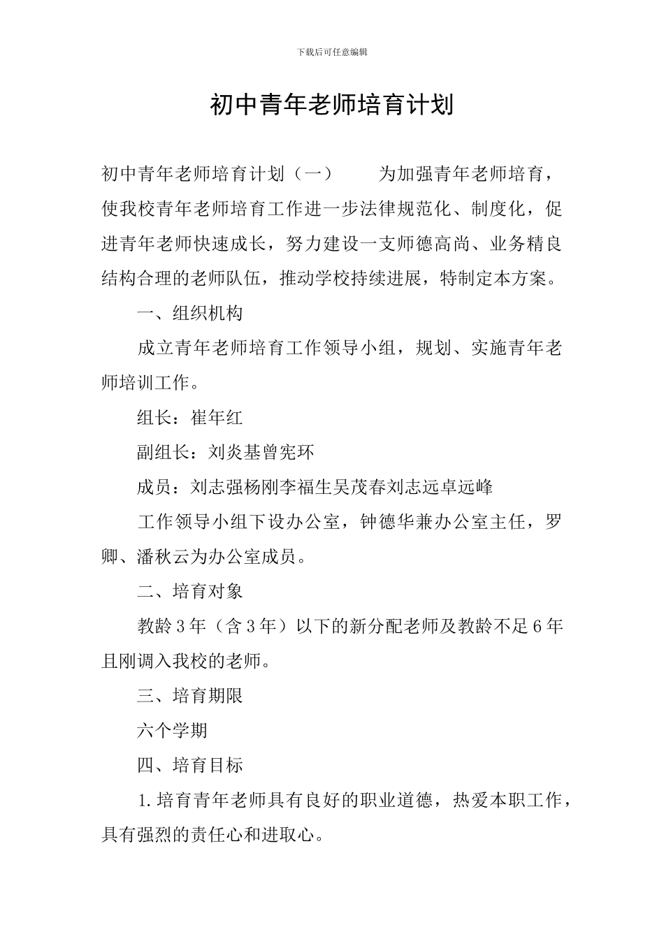初中青年教师培养计划_第1页