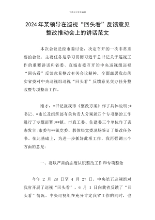 2024年某领导在巡视“回头看”反馈意见整改推进会上的讲话范文