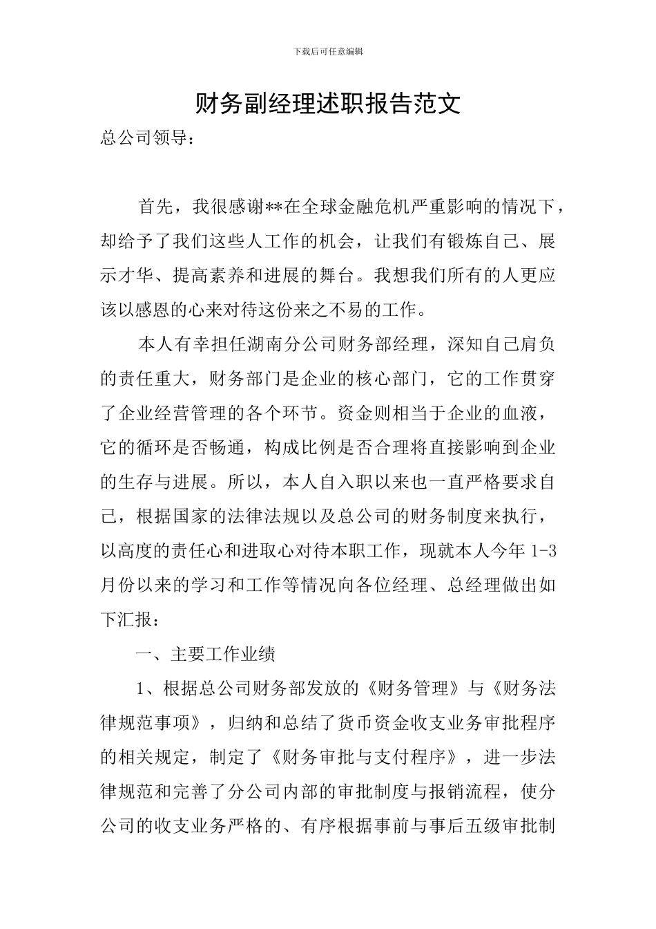 财务副经理述职报告范文_第1页