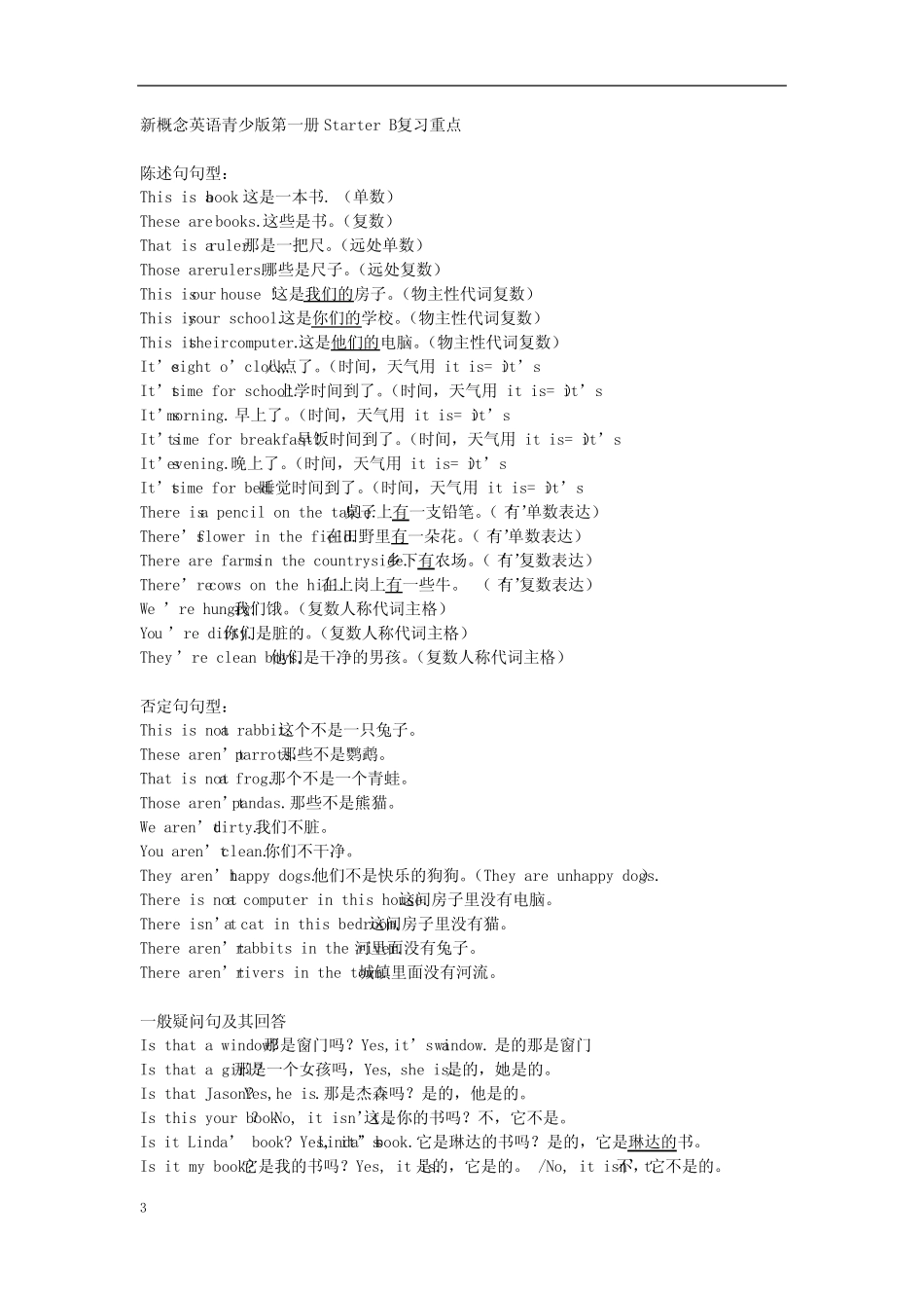 新概念青少版Starter B 1--15课复习重点和难点 _第1页