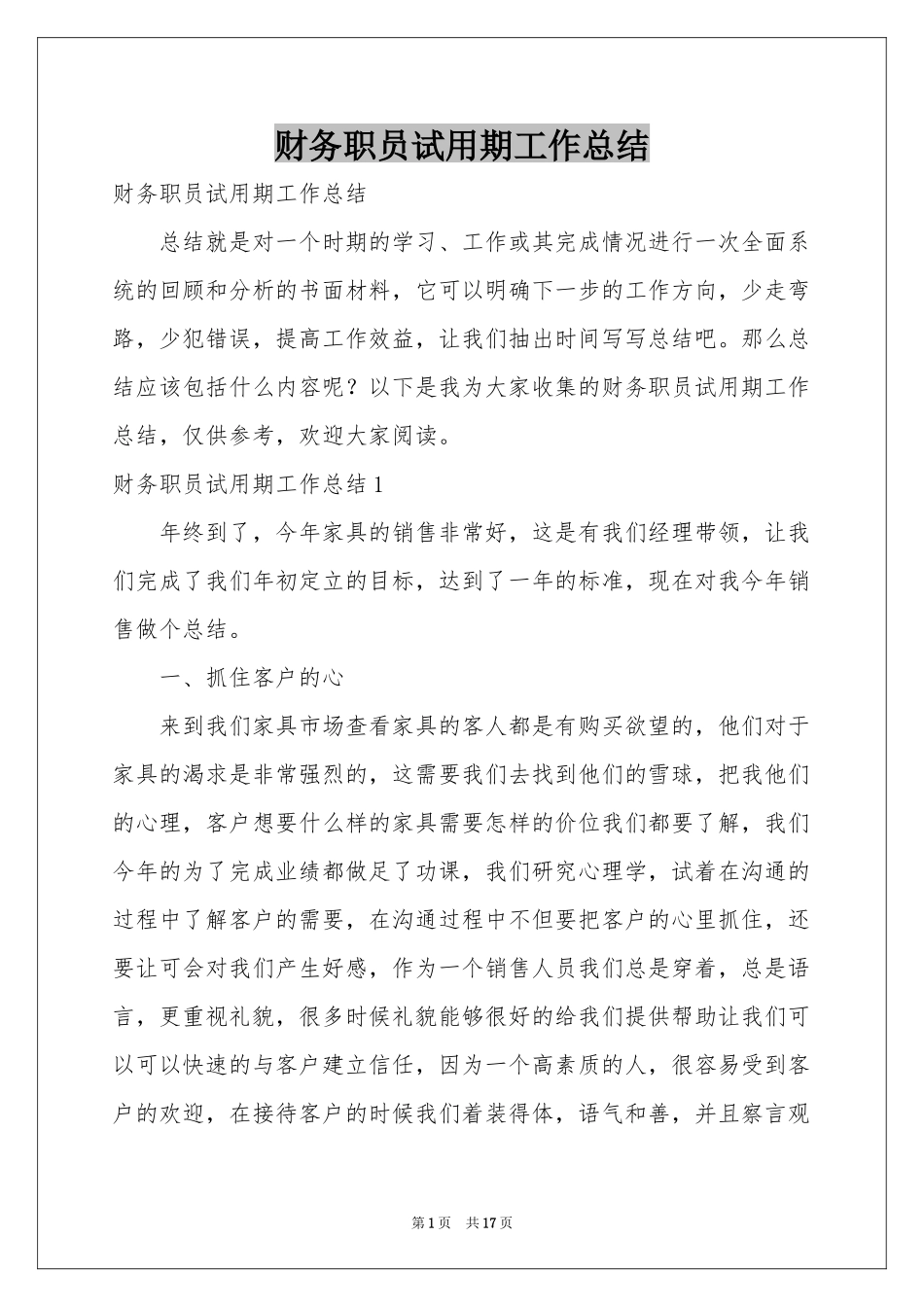 财务职员试用期工作参考总结_第1页