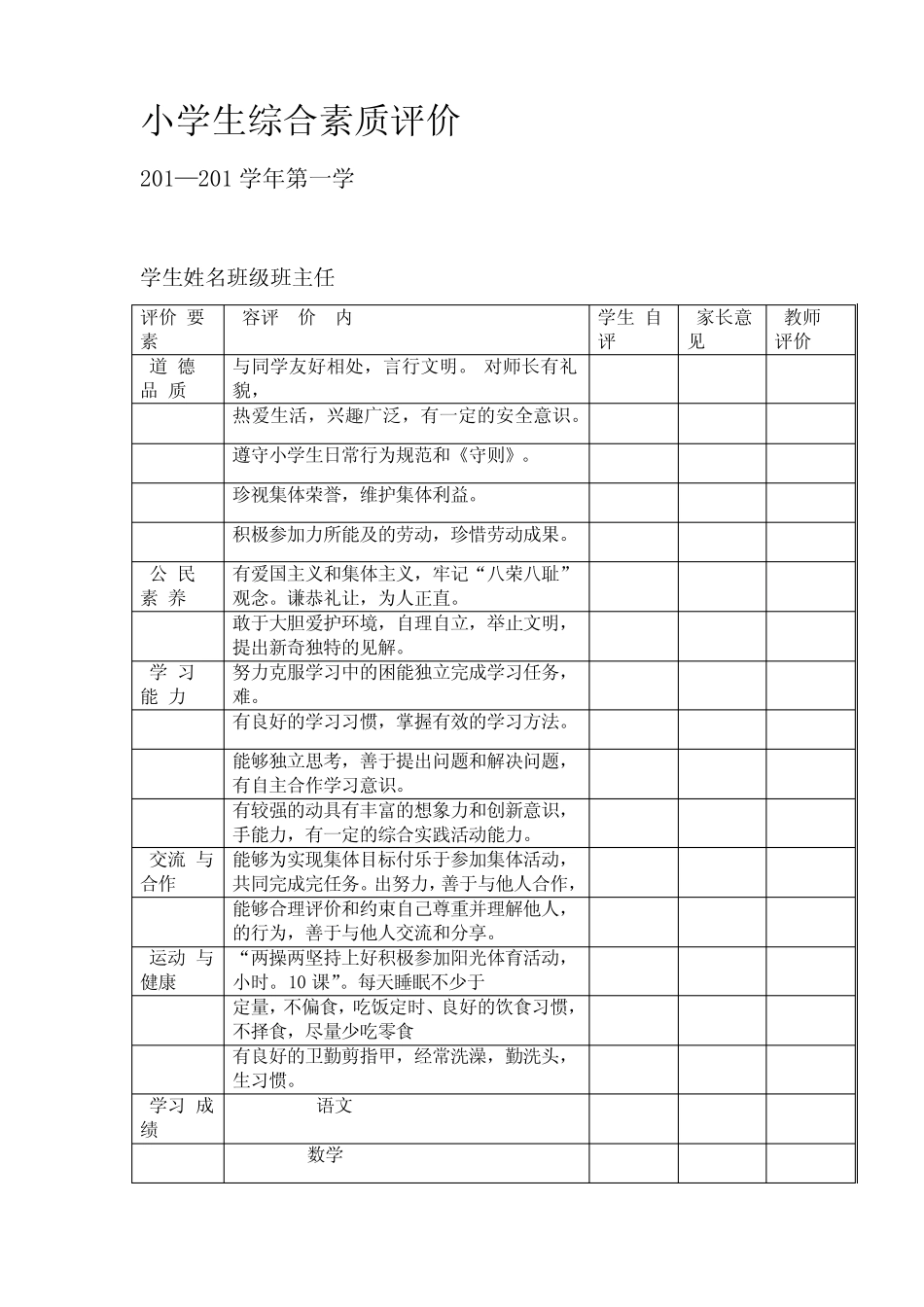 完整小学生综合素质评价表 _第1页