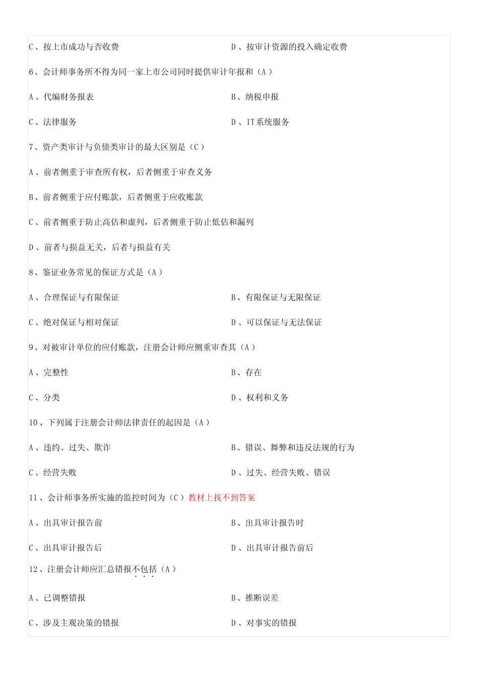 全国2016年10月自考00160审计学试题及答案 _第2页