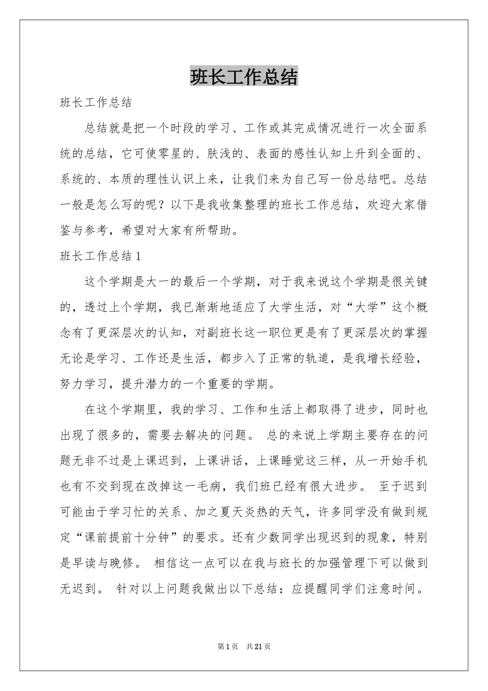 班长工作参考总结_第1页