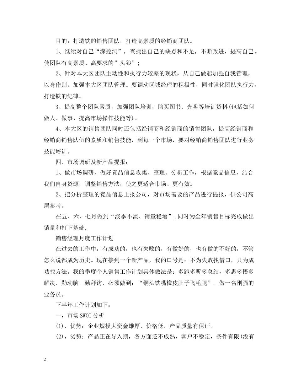 2020销售经理月度工作计划 _第2页