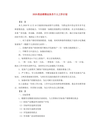 2020药品销售业务员个人工作计划 