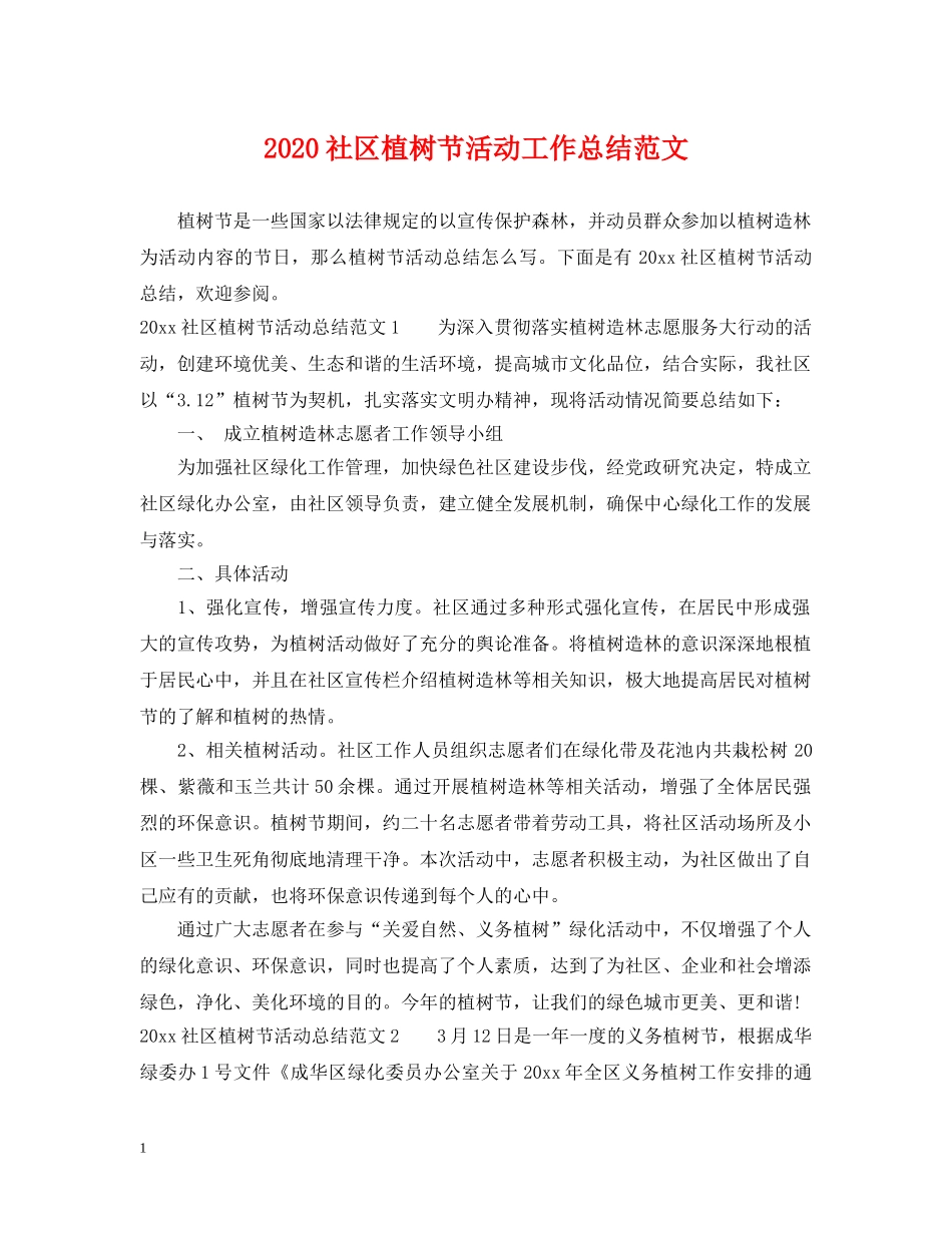2020社区植树节活动工作总结范文 _第1页