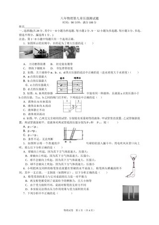 八年物理第九章压强测试题