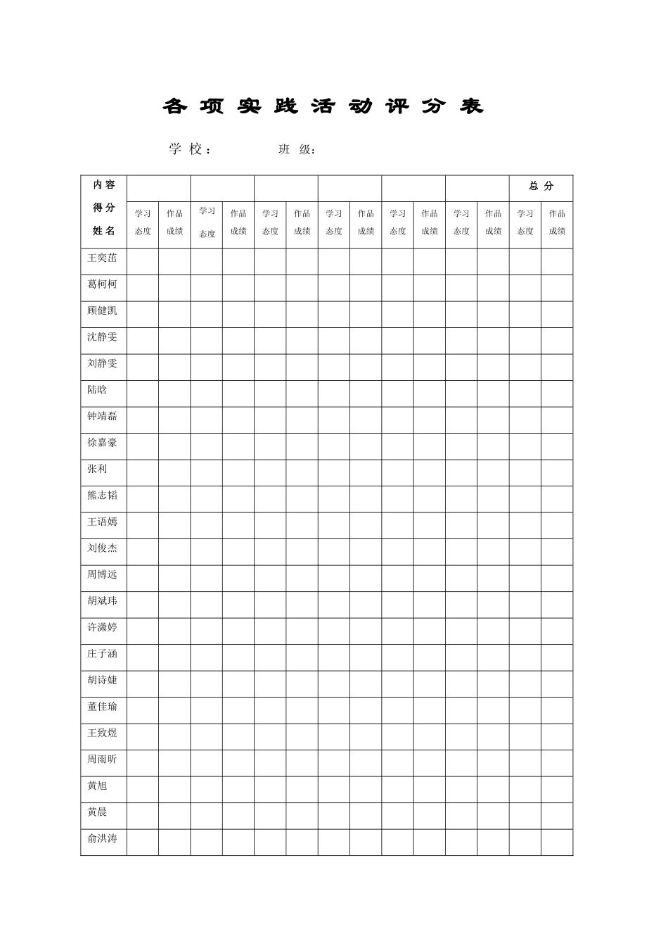 各项实践活动评分表_第1页